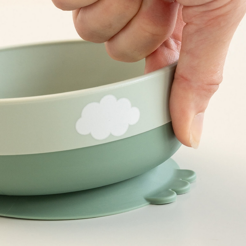 Set pappa da 3 pezzi con piatto con ventosa, tazza con beccuccio e cucchiaio, il tutto di colore verde decorato con coccodrillo e uccellino 