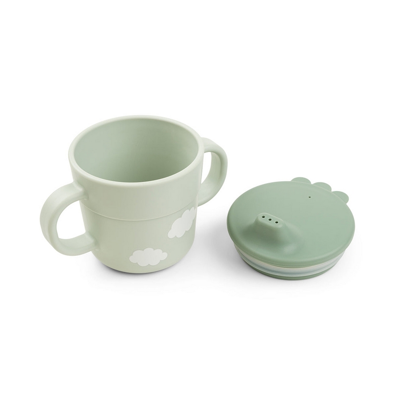 Set pappa da 3 pezzi con piatto con ventosa, tazza con beccuccio e cucchiaio, il tutto di colore verde decorato con coccodrillo e uccellino 
