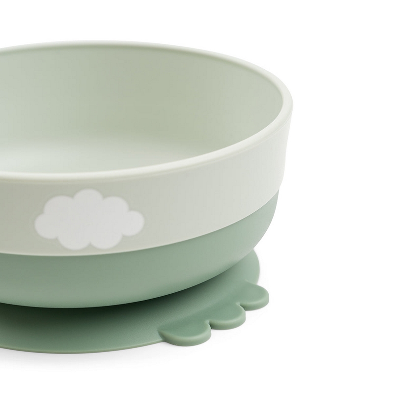 Set pappa da 3 pezzi con piatto con ventosa, tazza con beccuccio e cucchiaio, il tutto di colore verde decorato con coccodrillo e uccellino 