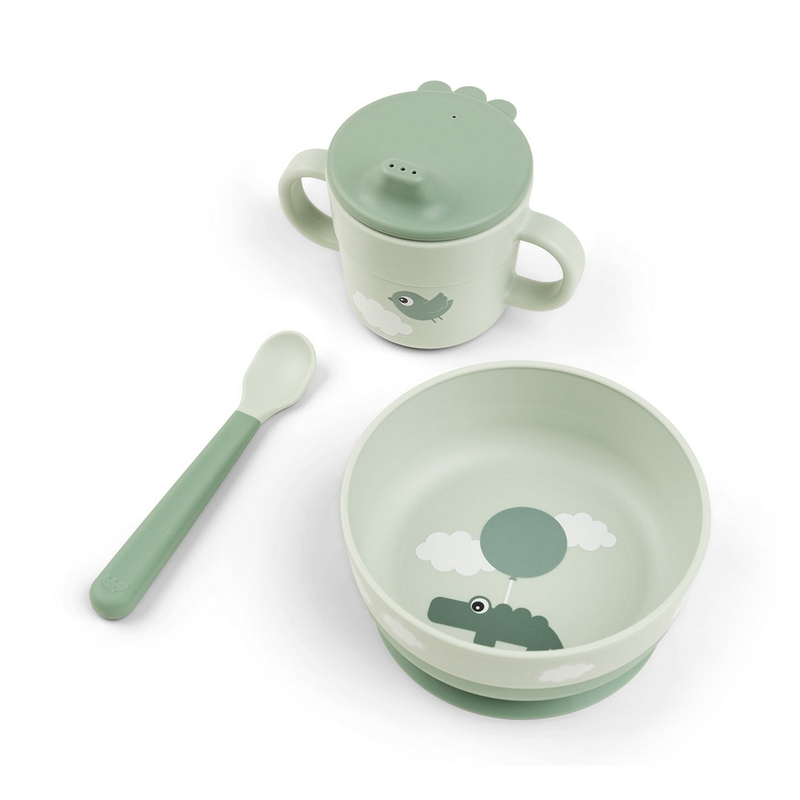Set pappa da 3 pezzi con piatto con ventosa, tazza con beccuccio e cucchiaio, il tutto di colore verde decorato con coccodrillo e uccellino 