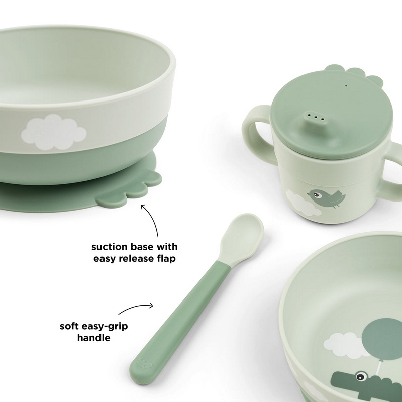 Set pappa da 3 pezzi con piatto con ventosa, tazza con beccuccio e cucchiaio, il tutto di colore verde decorato con coccodrillo e uccellino 