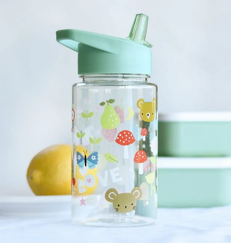Borraccia per bambini trasparente con tappo verde e cannuccia, decorata a tema bosco