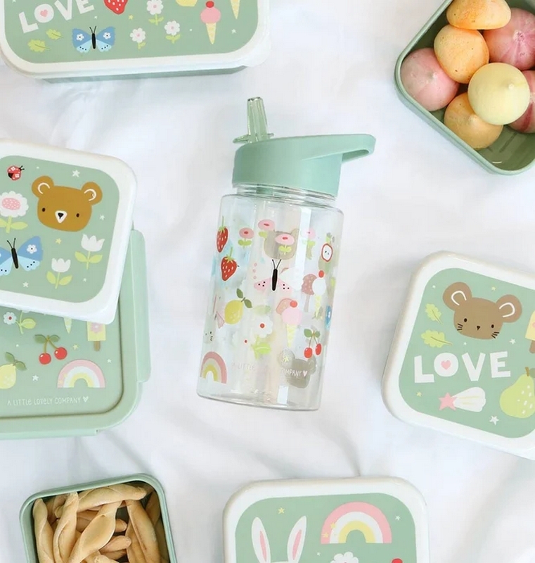 Borraccia per bambini trasparente con tappo verde e cannuccia, decorata a tema bosco