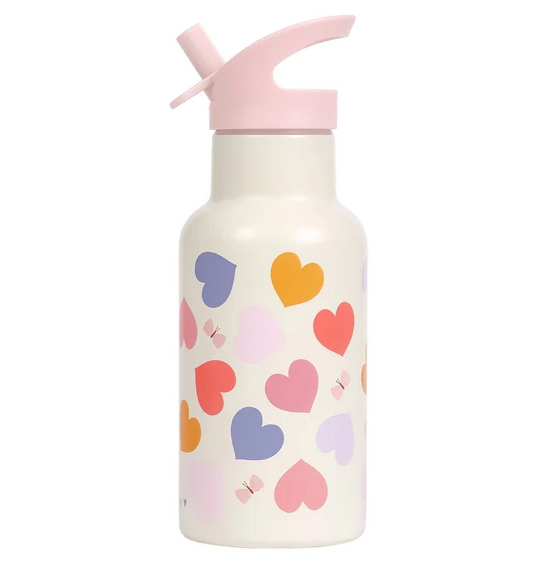 Borraccia termica bianca per bambini con cannuccia, decorata con cuori colorati da 350 ml