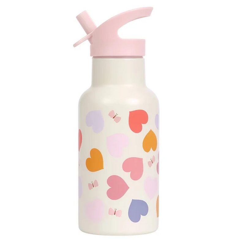 Borraccia termica bianca per bambini con cannuccia, decorata con cuori colorati da 350 ml