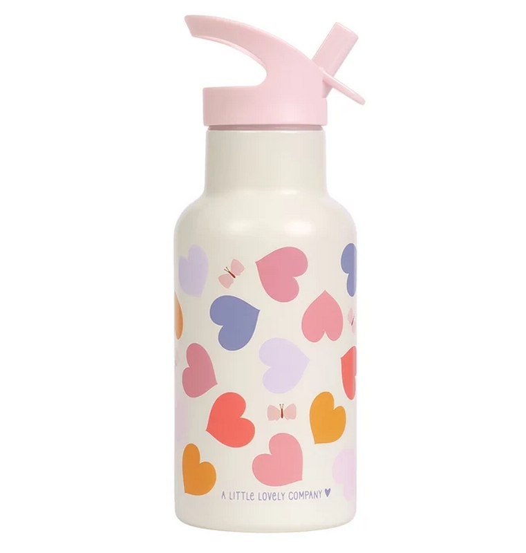 Borraccia termica bianca per bambini con cannuccia, decorata con cuori colorati da 350 ml
