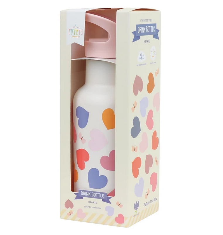 Borraccia termica bianca per bambini con cannuccia, decorata con cuori colorati da 350 ml