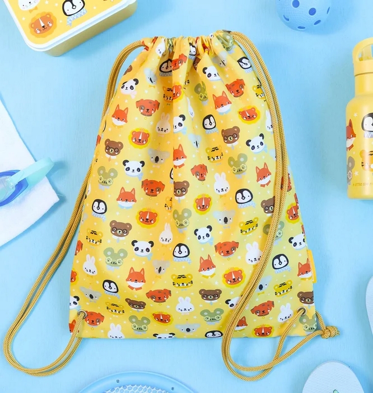 Sacca per bambini gialla decorata con animali con tasca interna