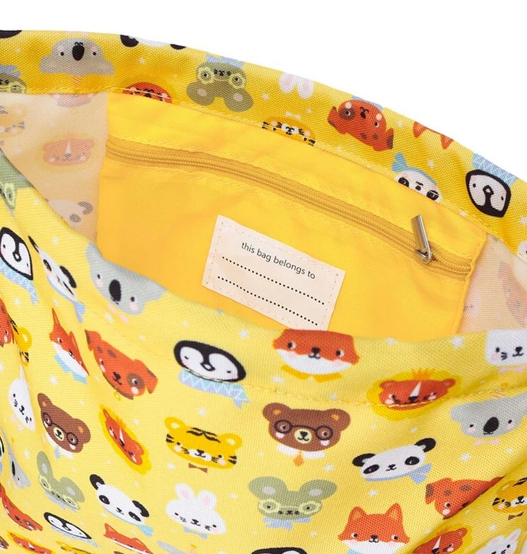 Sacca per bambini gialla decorata con animali con tasca interna