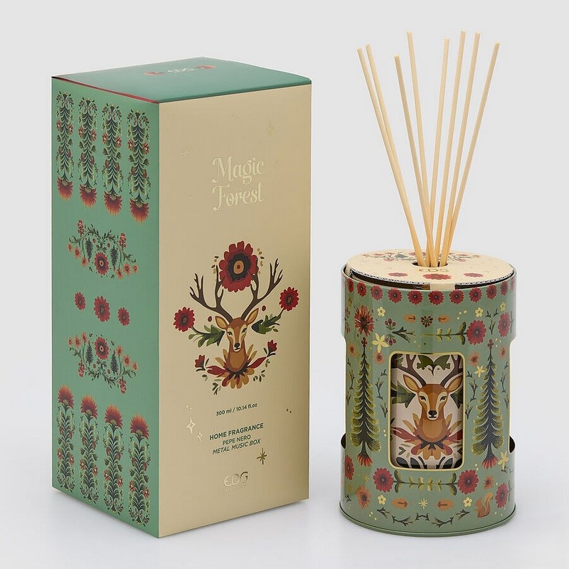 Diffusore di fragranza “Foresta magica” da 300 ml con contenitore carillon manuale decorato con fiori e cervo, il tutto in una scatola regalo, perfetta per autunno e inverno