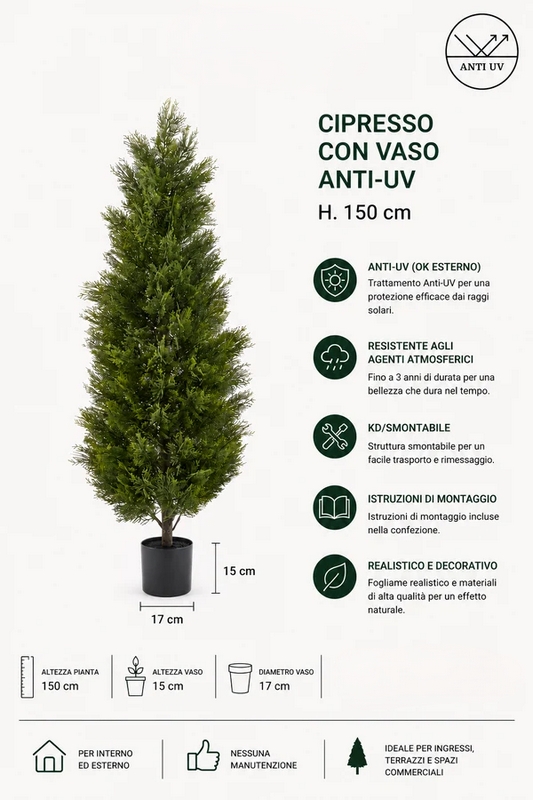 Albero di cipresso artificiale con trattamento anti UV, utilizzabile quindi all'esterno, con vaso nero, alto 150 cm