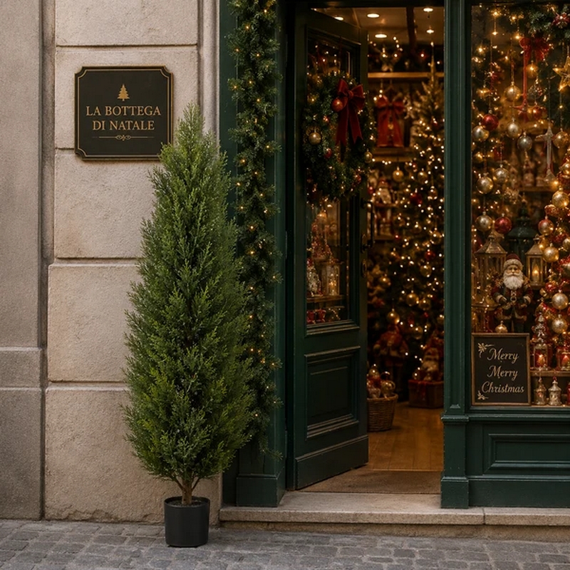 Albero di cipresso artificiale con trattamento anti UV, utilizzabile quindi all'esterno, con vaso nero, alto 150 cm