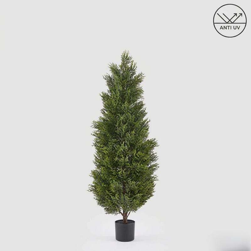 Albero di cipresso artificiale con trattamento anti UV, utilizzabile quindi all'esterno, con vaso nero, alto 150 cm