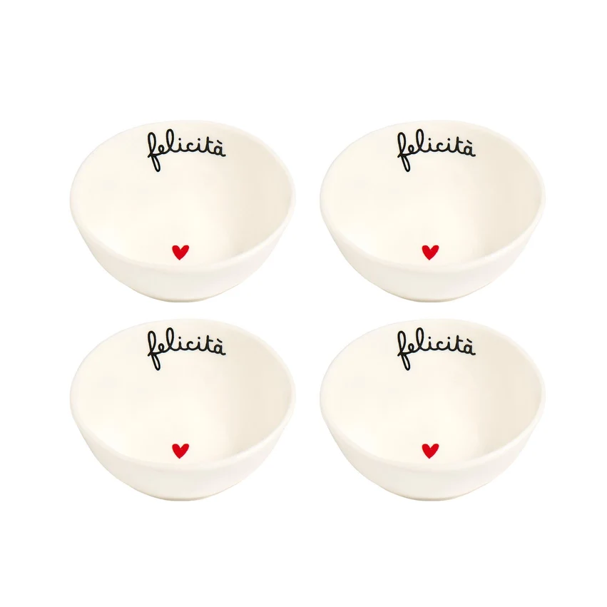 Set 4 ciotoline in ceramica bianca con scritta “Felicità