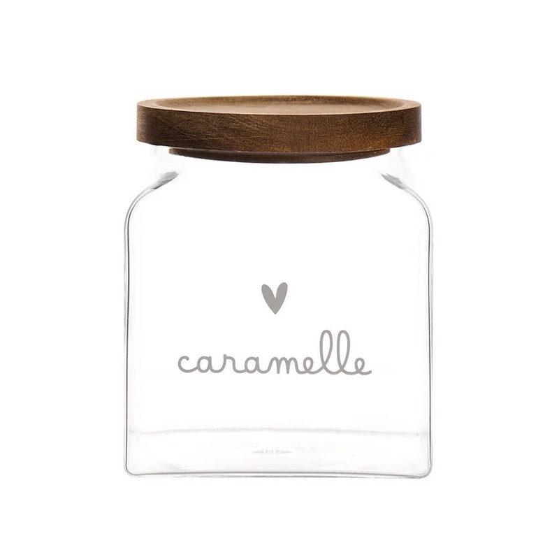 Barattolo da cucina ermetico in vetro con tappo in legno decorato con cuore e scritta “Caramelle”