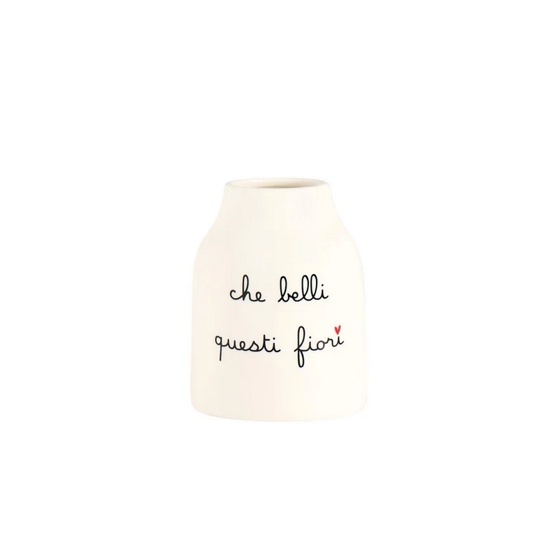 Vaso fiori in ceramica bianca con scritta “Che belli questi fiori”