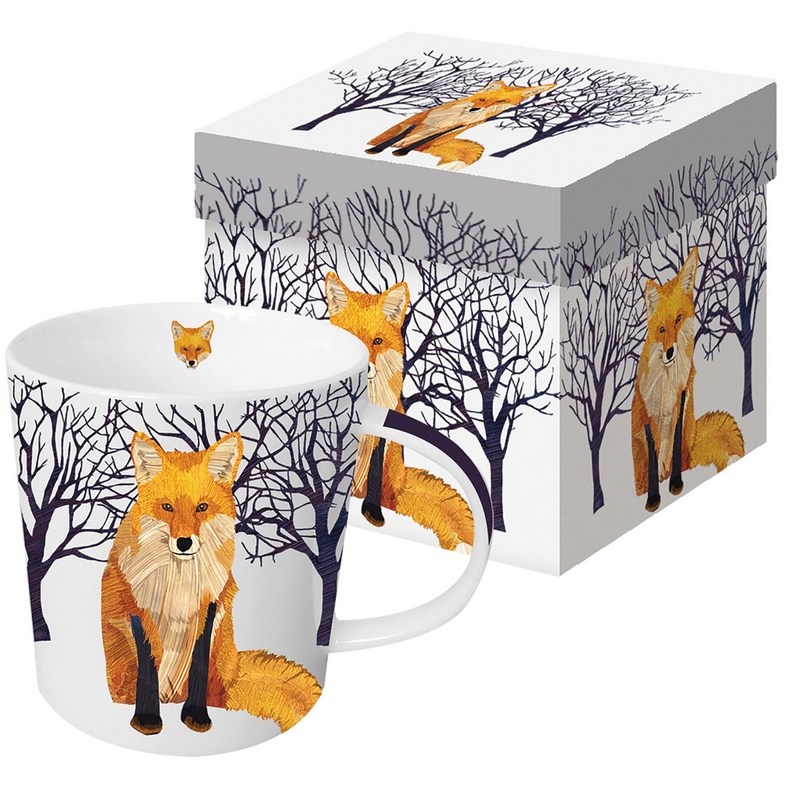 Tazza mug autunnale in ceramica decorata con volpe nel bosco innevato, contenuta in una scatola con lo stesso decoro, capacità 400 ml