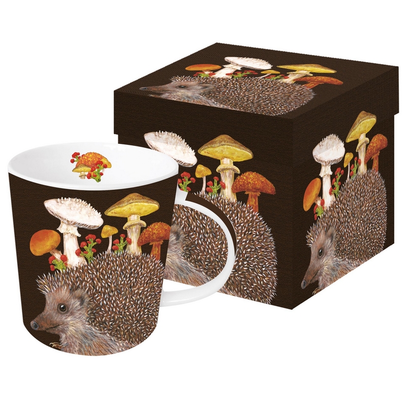 Tazza mug in ceramica decorata con riccio con funghi contenuta in una scatola con lo stesso decoro, capacità 400 ml