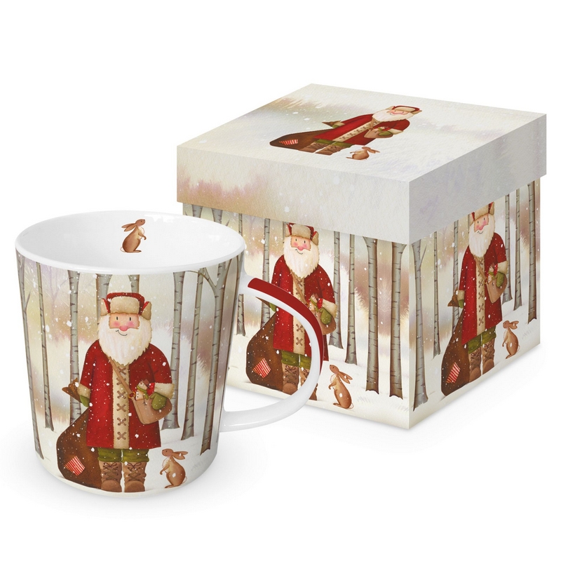 Tazza natalizia decorata con Babbo Natale e coniglio nel bosco, capacità 400 ml, perfetta come idea regalo di Natale