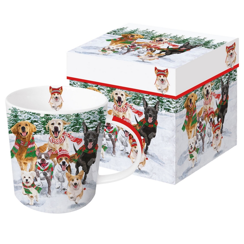 Tazza natalizia decorata con cani che corrono nella neve, capacità 400 ml, perfetta come idea regalo di Natale