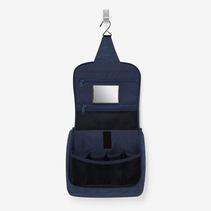 Beauty da viaggio blu scuro tessuto mélange con inserti da aprire, specchio e possibilità di essere appeso - il regalo ideale per viaggiatori!
