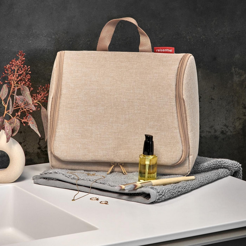 Beauty da viaggio XL color latte macchiato a tessuto mélange con inserti da aprire, specchio e possibilità di essere appeso - il regalo ideale per viaggiatori!