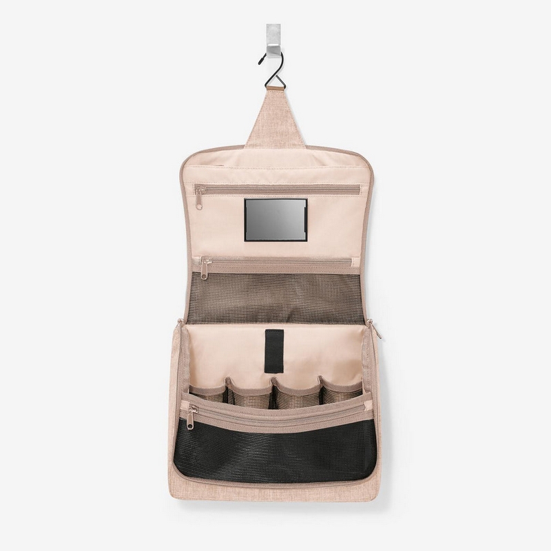 Beauty da viaggio XL color latte macchiato a tessuto mélange con inserti da aprire, specchio e possibilità di essere appeso - il regalo ideale per viaggiatori!