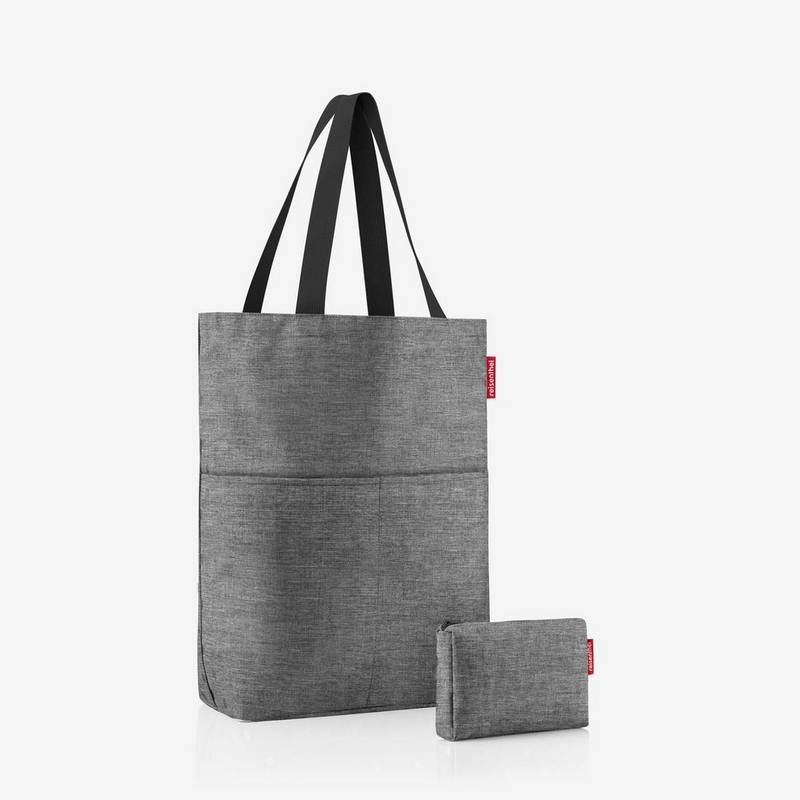 Set borsa con zip, tasche e scomparto interno con pochette, entrambe grigie con tessuto mélange, adatte a spesa, shopping, lavoro e spiaggia, capacità da 25 litri