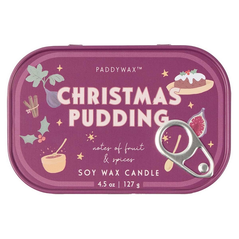 Candela profumata al Christmas pudding con note di frutta e spezie in latta vintage, realizzata in cera di soia con due stoppini, perfetta come candela particolare da regalare