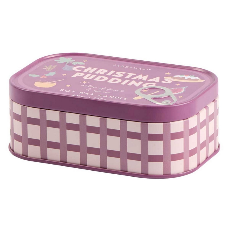 Candela profumata al Christmas pudding con note di frutta e spezie in latta vintage, realizzata in cera di soia con due stoppini, perfetta come candela particolare da regalare