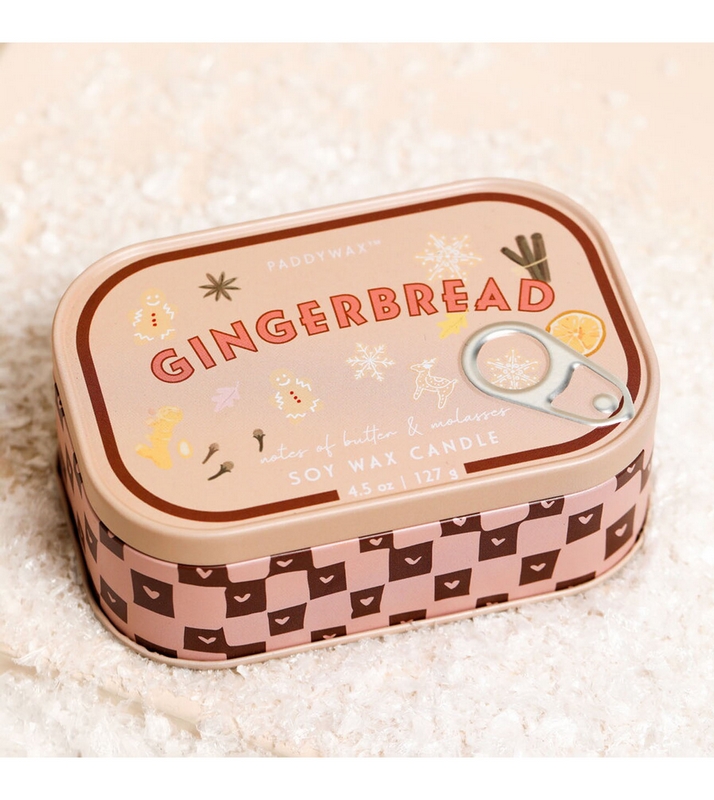 Candela profumata al gingerbread con note di burro e melassa in latta vintage, realizzata in cera di soia con due stoppini, perfetta come candela particolare da regalare