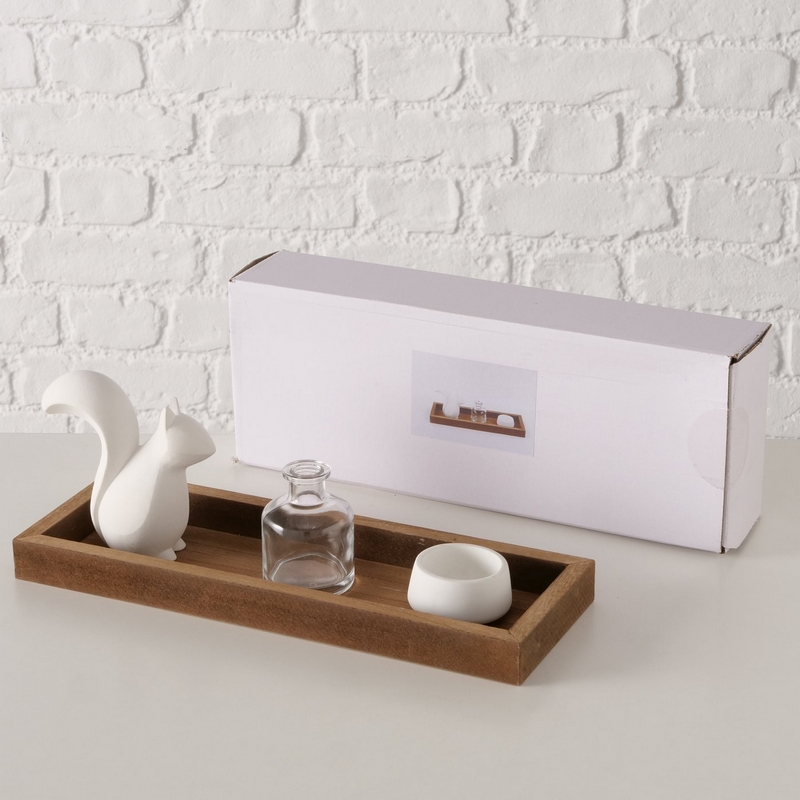 Set contenente scoiattolo decorativo e portacandele in cemento, vassoio in legno e vaso in vetro, perfetto come decoro autunnale