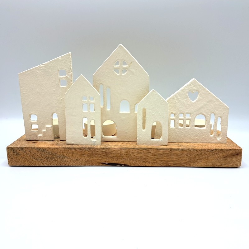 Portacandele con paesaggio di casette in metallo su base in legno, contiene fino a 4 candele tealight