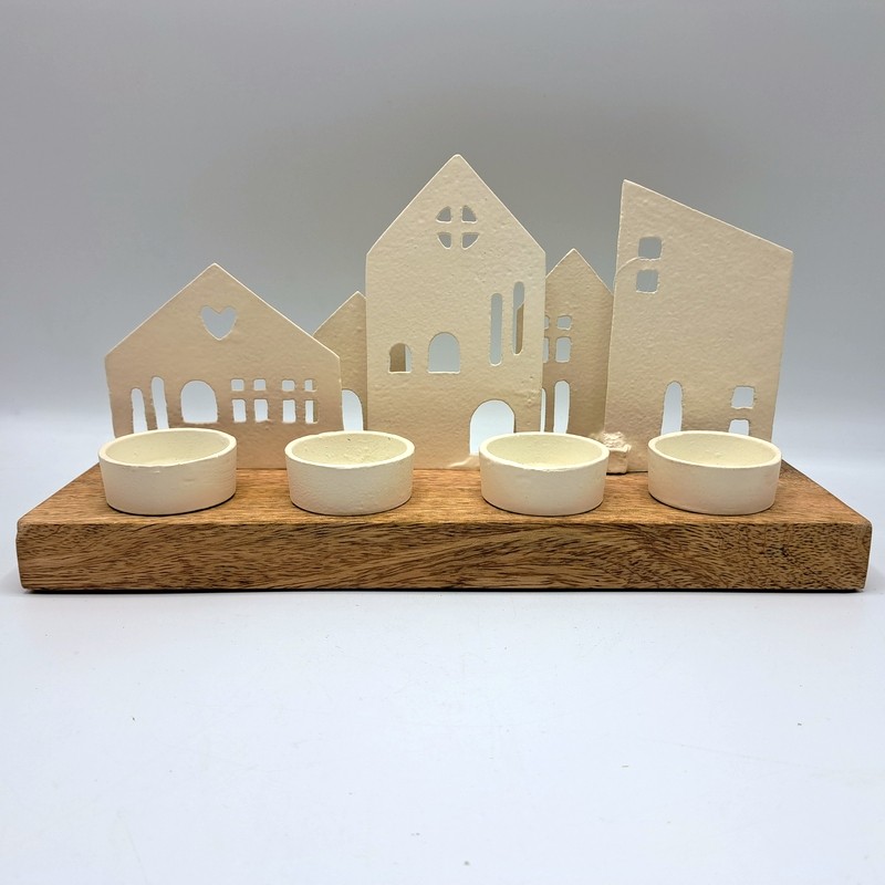 Portacandele con paesaggio di casette in metallo su base in legno, contiene fino a 4 candele tealight