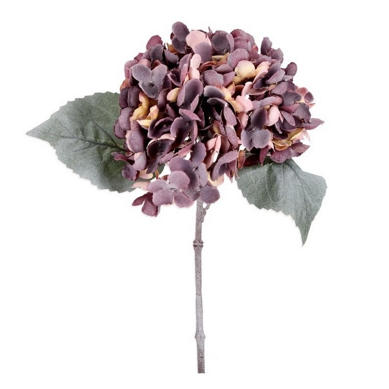 Ramo con fiore di ortensia artificiale color malva con foglie
