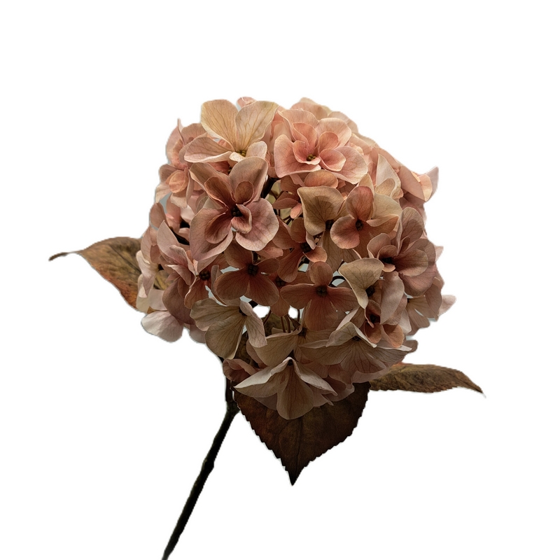 Ramo con fiore autunnale di ortensia artificiale rosa con foglie