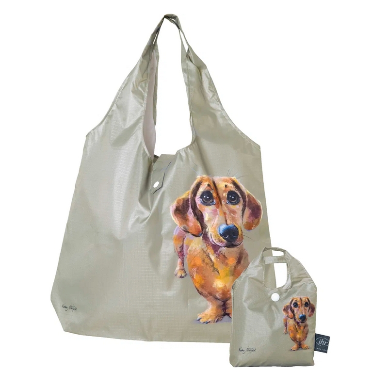 Borsa spesa pieghevole verde con bassotto e astuccio dove riporla, perfetta per spesa e shopping