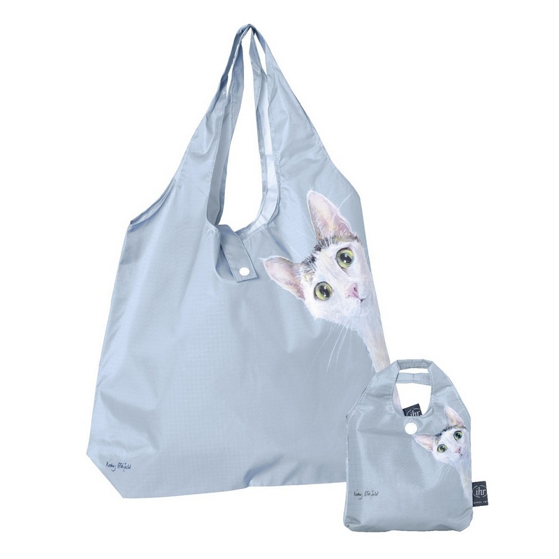 Borsa spesa pieghevole azzurra con gatto e astuccio dove riporla, perfetta per spesa e shopping
