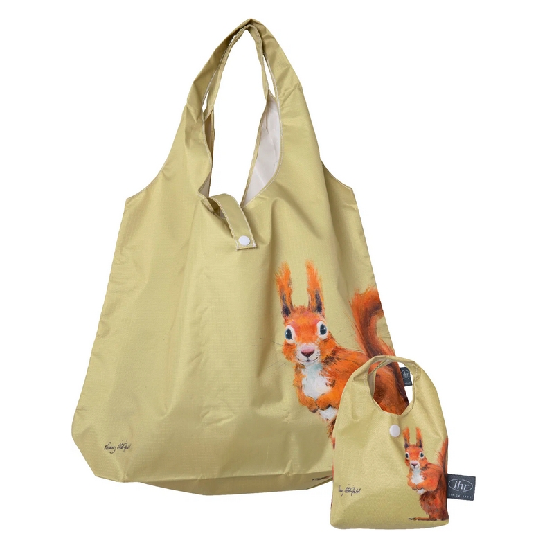 Borsa spesa pieghevole verde chiaro con scoiattolo e astuccio dove riporla, perfetta per spesa e shopping