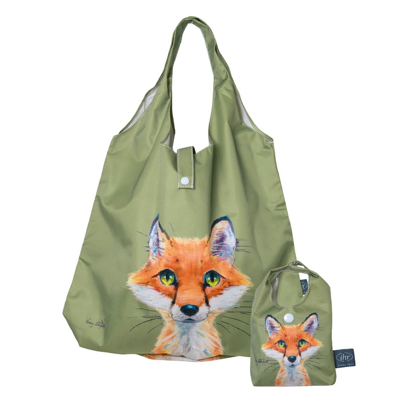 Borsa spesa pieghevole verde scuro con volpe e astuccio dove riporla, perfetta per spesa e shopping