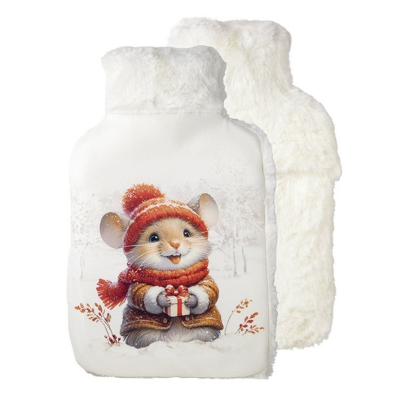 Borsa acqua calda in velluto bianco con topolino in un bosco innevato con pacco regalo in mano, inserto interno in gomma naturale removibile, perfetta per riscaldarsi nelle giornate più fredde