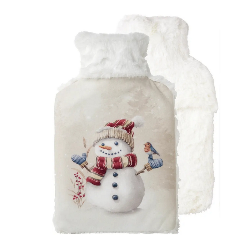 Borsa acqua calda in velluto crema con pupazzo di neve e pettirosso in un bosco innevato con pacco regalo in mano, inserto interno in gomma naturale removibile, perfetta per riscaldarsi nelle giornate più fredde