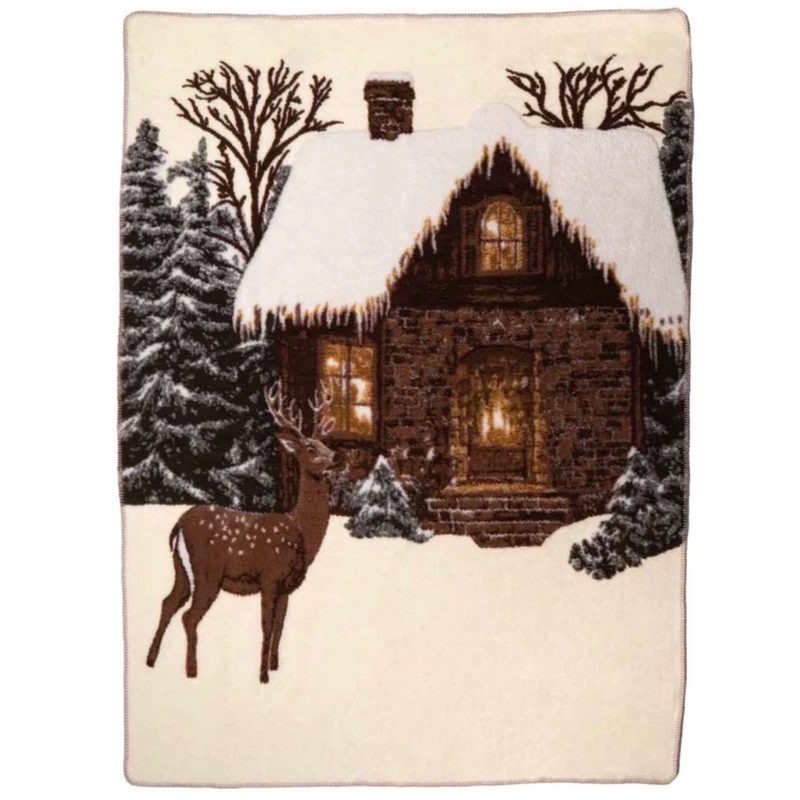 Coperta in lana cotta fatta in Italia con decoro baita innevata e cervo, lavabile in lavatrice - una calda coperta per letto o divano perfetta come idea regalo di Natale