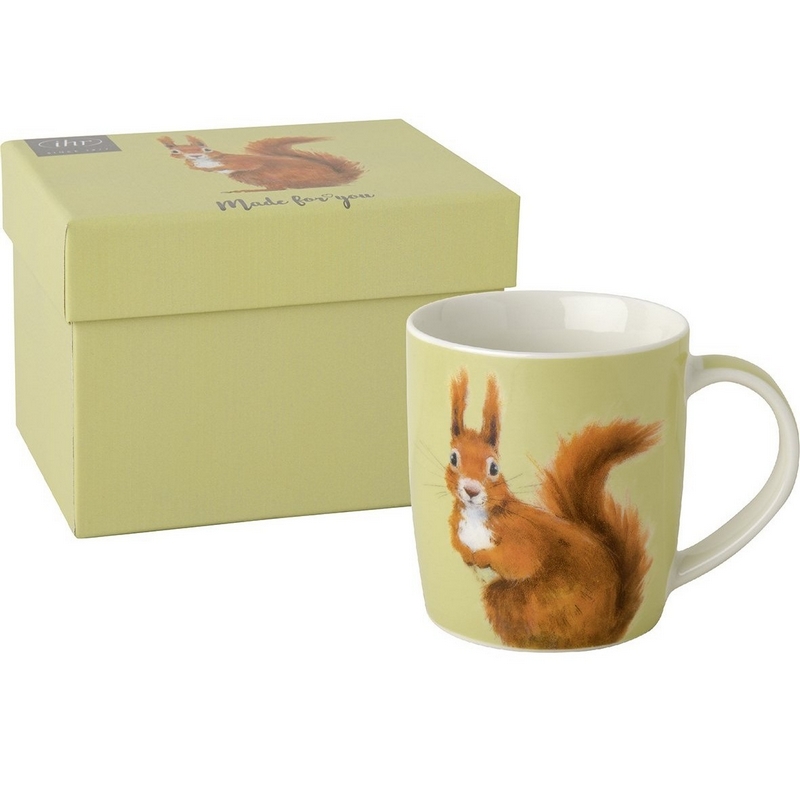 Tazza mug autunnale verde in ceramica decorata con scoiattolo, contenuta in una scatola con lo stesso decoro, capacità 300 ml