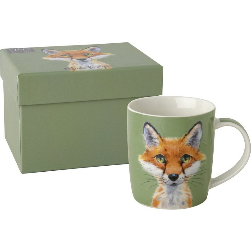 Tazza mug autunnale verde in ceramica decorata con volpe, contenuta in una scatola con lo stesso decoro, capacità 300 ml