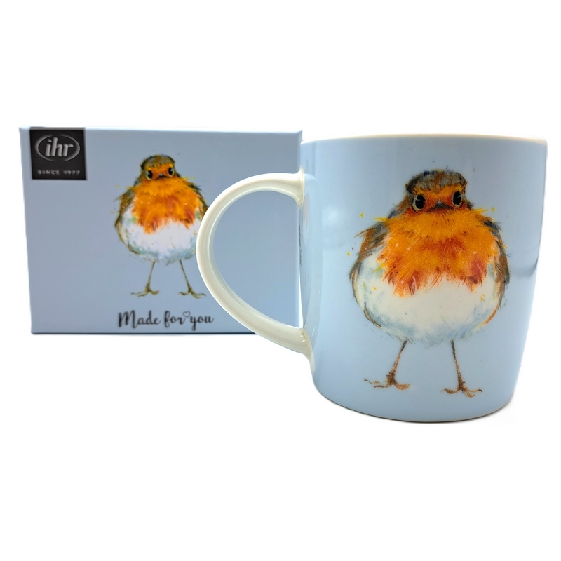 Tazza mug autunnale azzurra in ceramica decorata con pettirosso, contenuta in una scatola con lo stesso decoro, capacità 300 ml