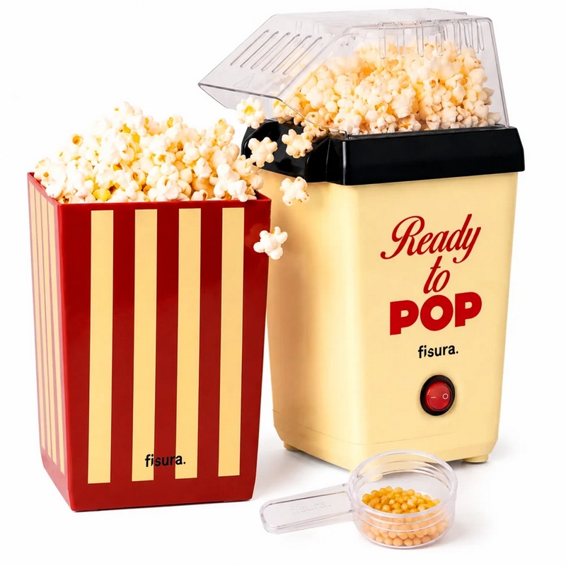 Macchina per popcorn ad aria calda utilizzabile senza olio in stile vintage con scritta “Ready to pop”, include secchiello da 2 litri e cucchiaio dosatore