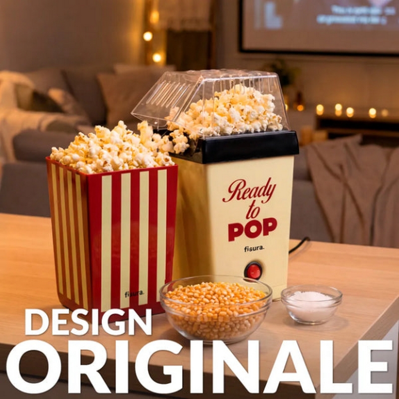 Macchina per popcorn ad aria calda utilizzabile senza olio in stile vintage con scritta “Ready to pop”, include secchiello da 2 litri e cucchiaio dosatore