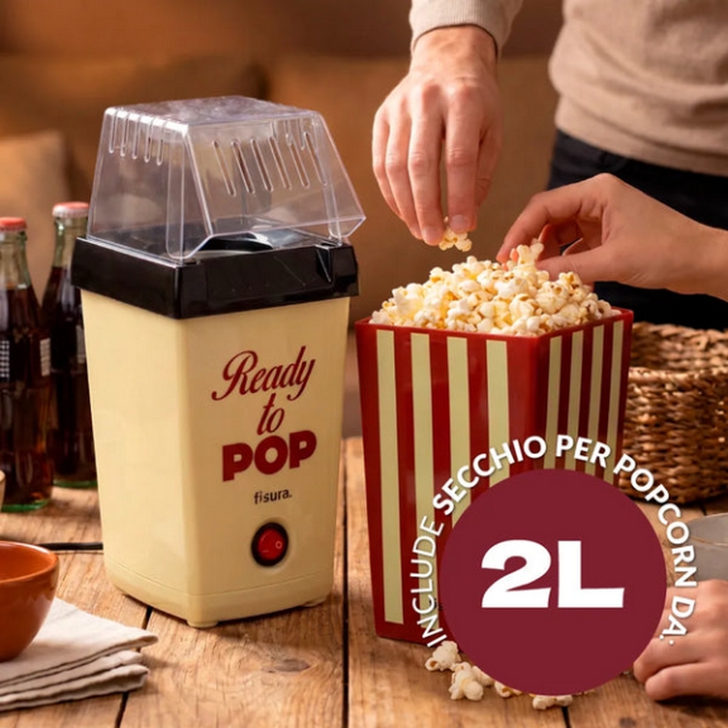Macchina per popcorn ad aria calda utilizzabile senza olio in stile vintage con scritta “Ready to pop”, include secchiello da 2 litri e cucchiaio dosatore