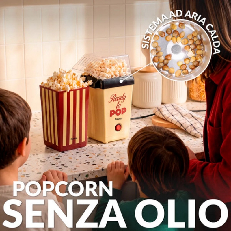 Macchina per popcorn ad aria calda utilizzabile senza olio in stile vintage con scritta “Ready to pop”, include secchiello da 2 litri e cucchiaio dosatore